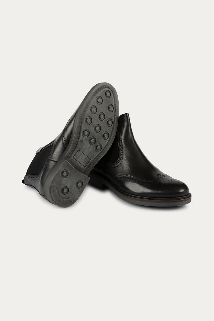 Chelsea Brogue Leather Boots in Black